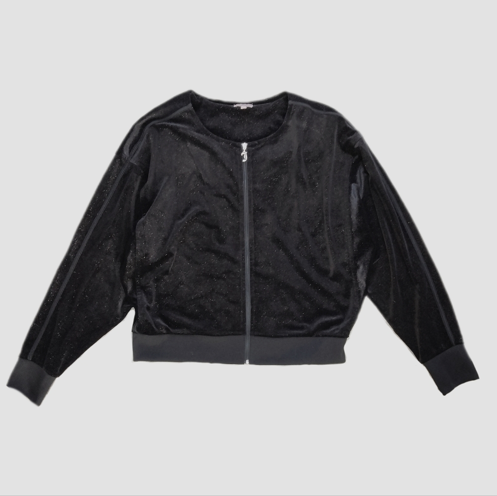 Juicy Couture Black Sparkle Velour Track Jacket Large Zip Up Relaxed Athleisure
